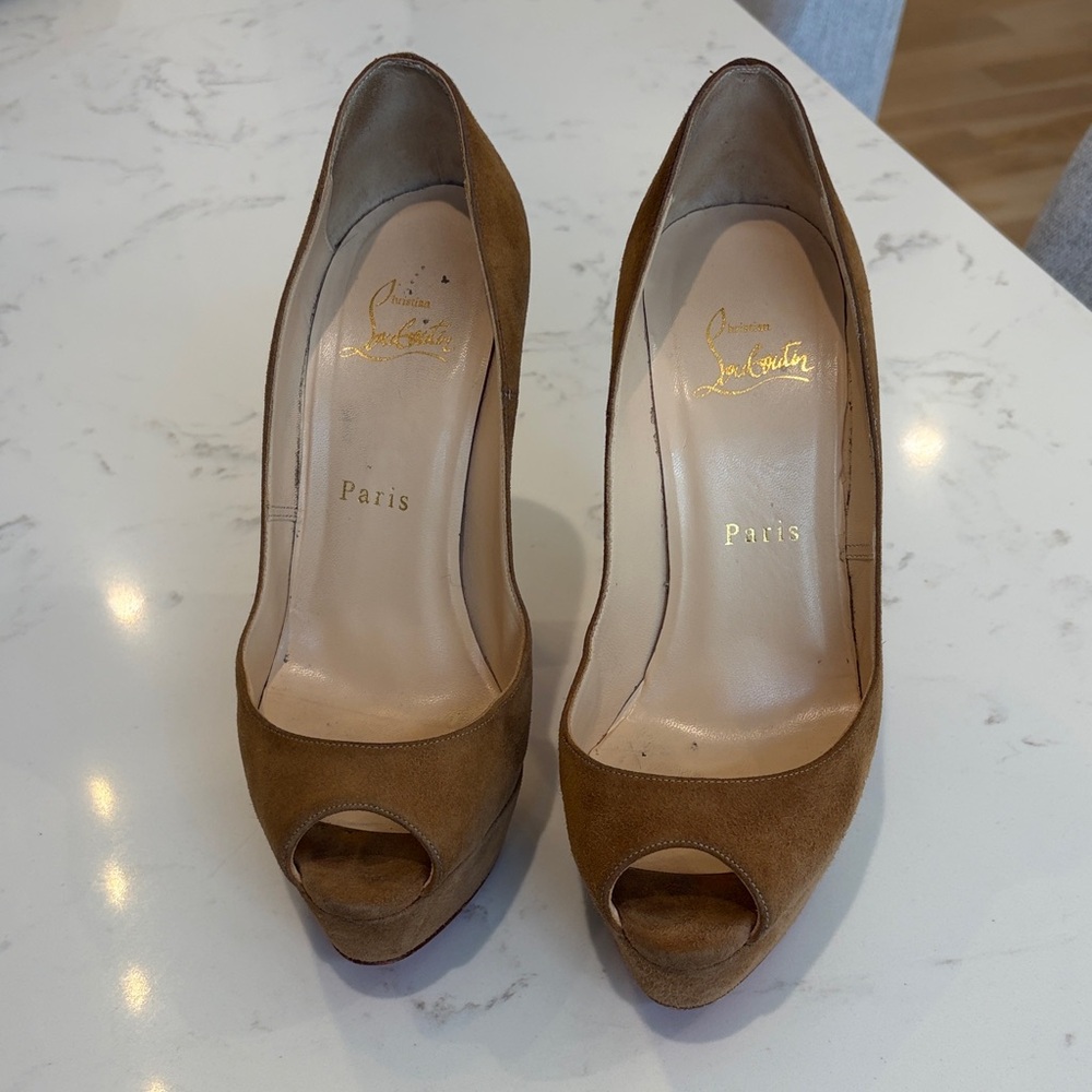 Christian Louboutin Tan Suede Peep-Toe Pumps